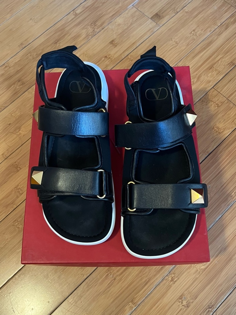 Valentino Black Leather Women’s Sandals with Gold Studs Size 40